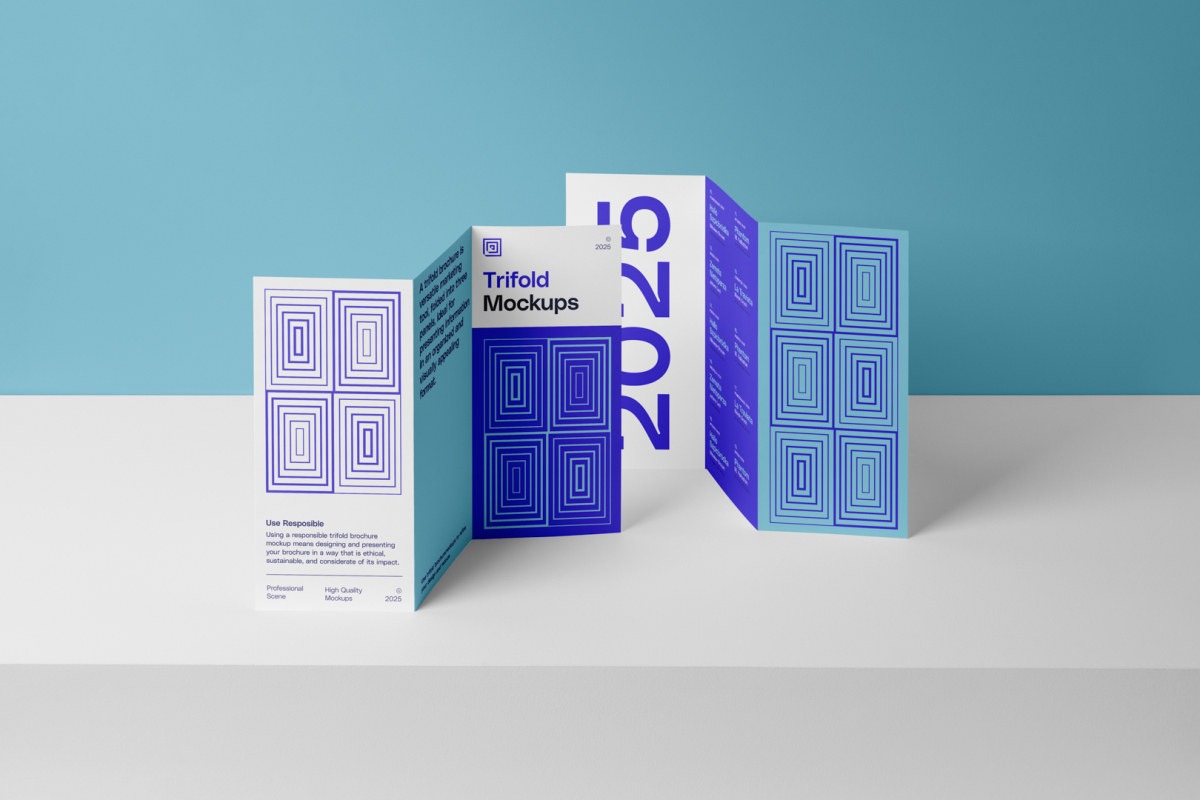 View from above, at a 45-degree angle of two standing Trifold Mockups arranged in the letter z. Both of them are standing on the white box.