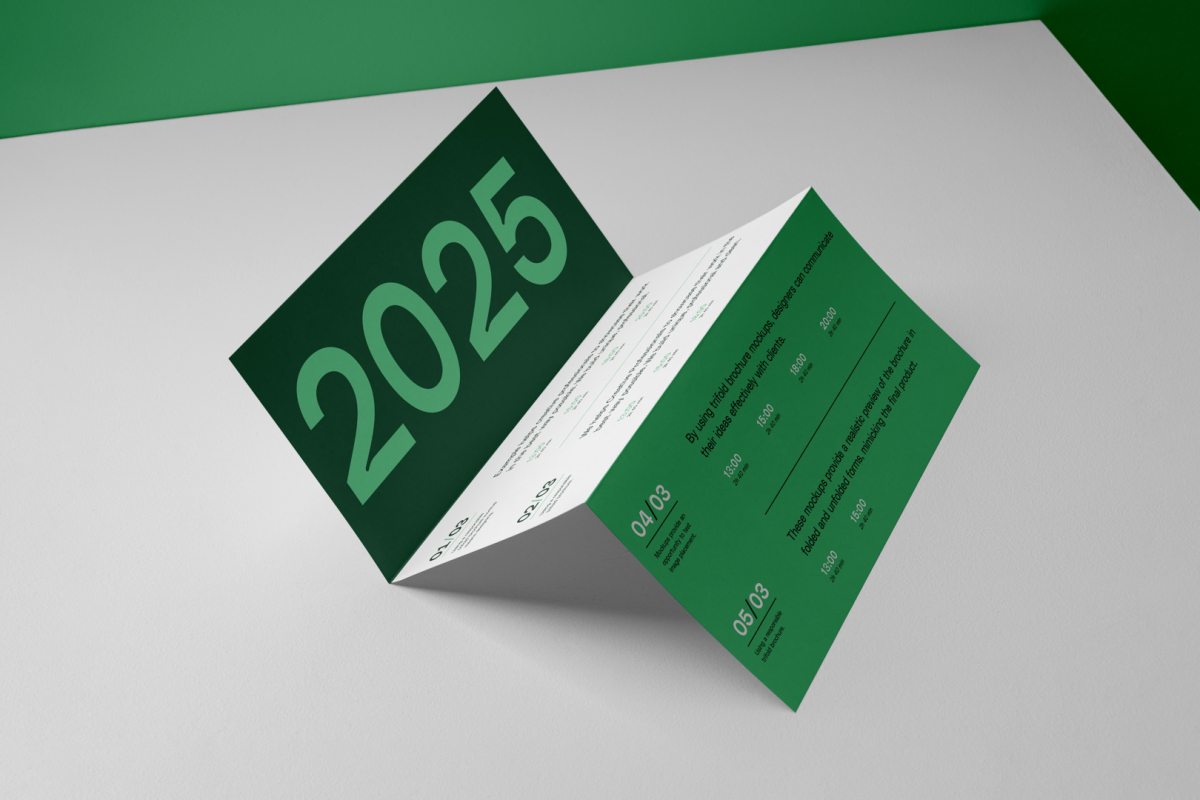 View from above, at a 45-degree angle of Trifold Mockup arranged in the letter z and laying on a white box.