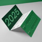 View from above, at a 45-degree angle of Trifold Mockup arranged in the letter z and laying on a white box.