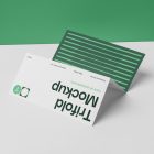 Front view, of Trifold Mockup arranged in the letter z and laying on a white box. Behind the white box is a huge green wall.