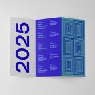 View from above, of single Trifold Mockups arranged in the letter z laying on white floor.