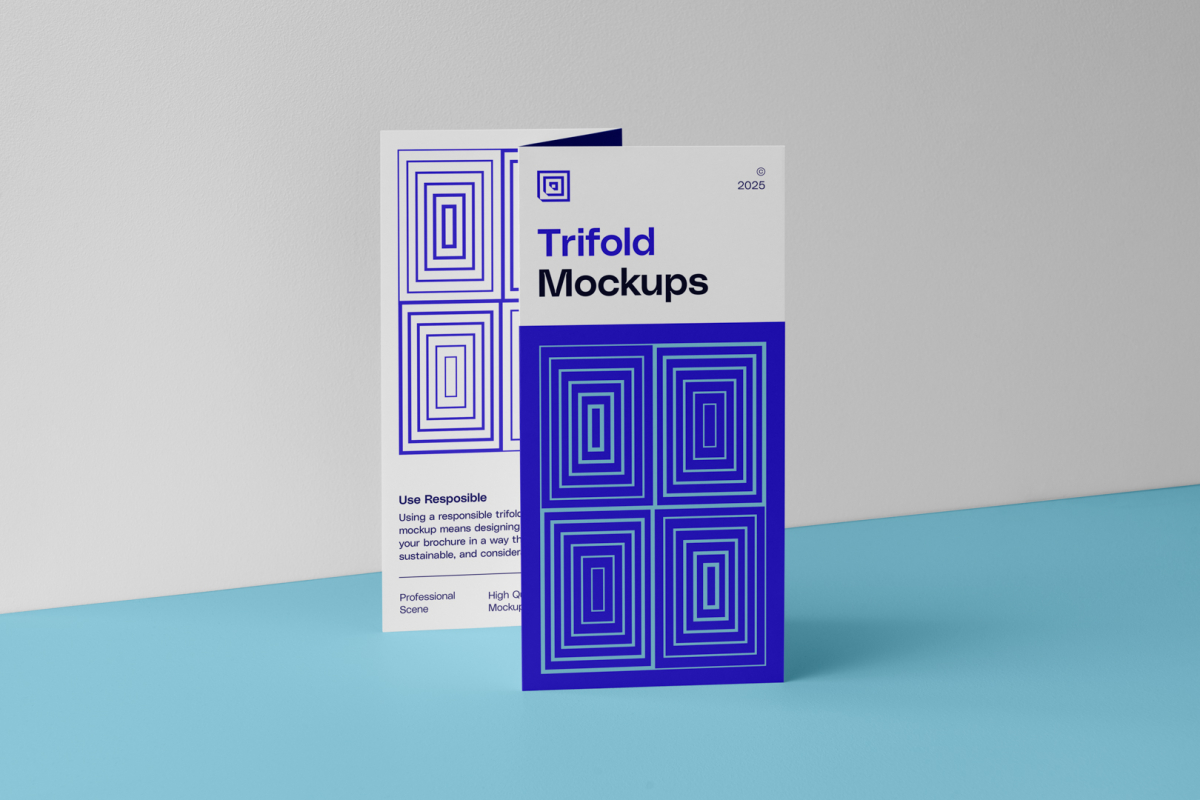 Front view, of a single Trifold Mockup arranged in the letter z standing on a blue floor. Behind the Trifold Mockup is a huge white wall.