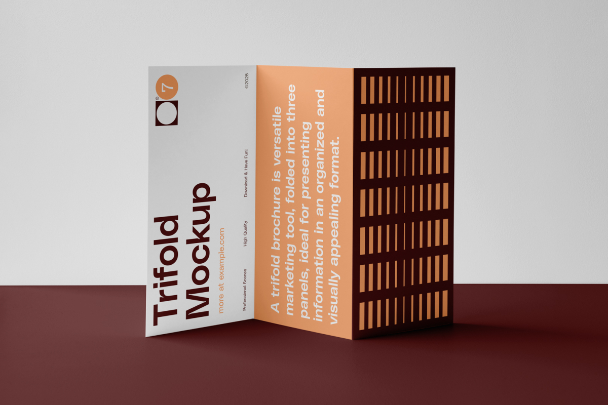 Front view, of a single Trifold Mockup arranged in the letter z standing on a claret floor. Behind the Trifold Mockup is a huge white wall.