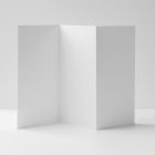 Front view, of a single white Trifold Mockup arranged in the letter z standing on a white floor. Behind the Trifold Mockup is a huge white wall.