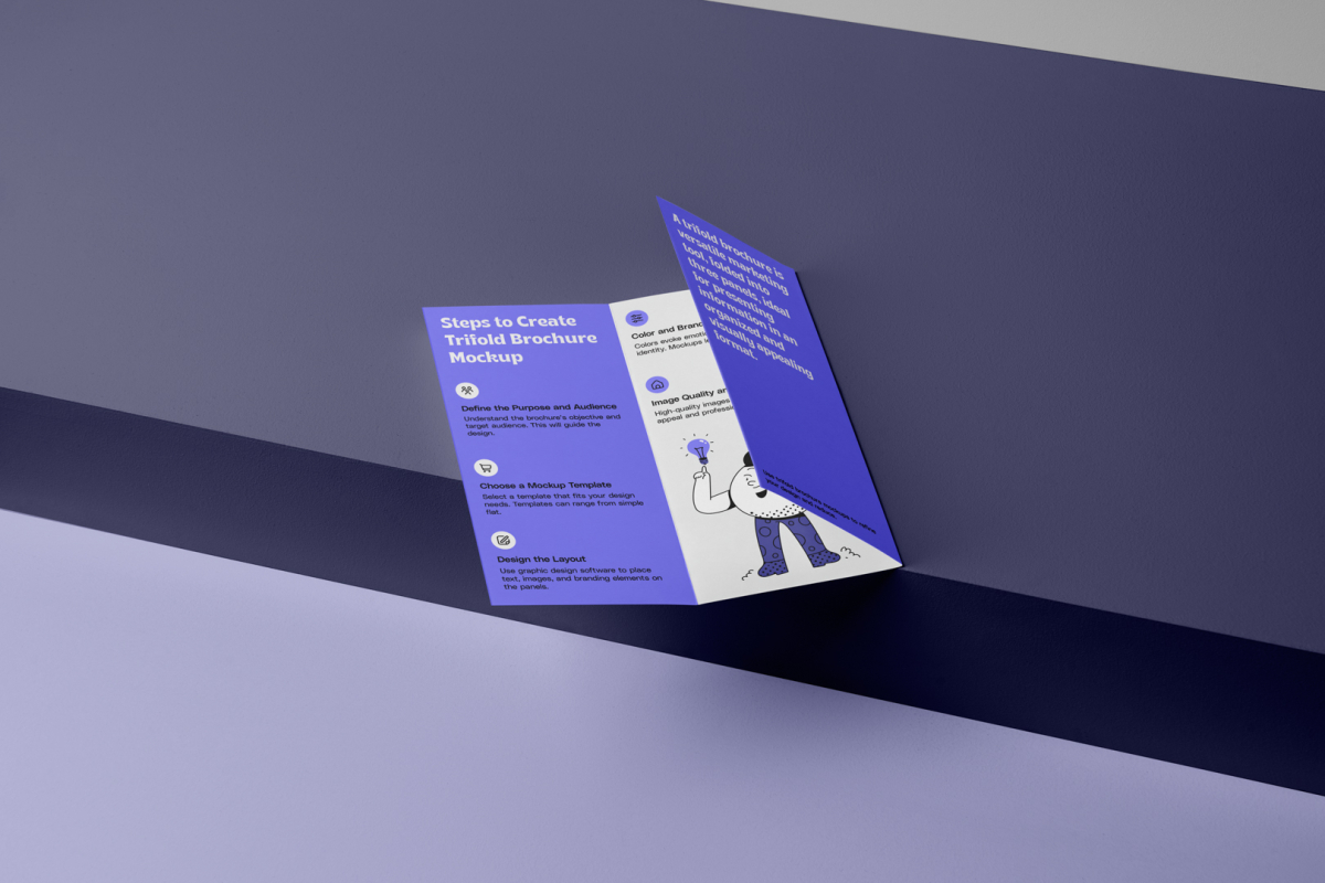 View from above, at a 45-degree angle of an open Trifold Mockup laying on a purple box.