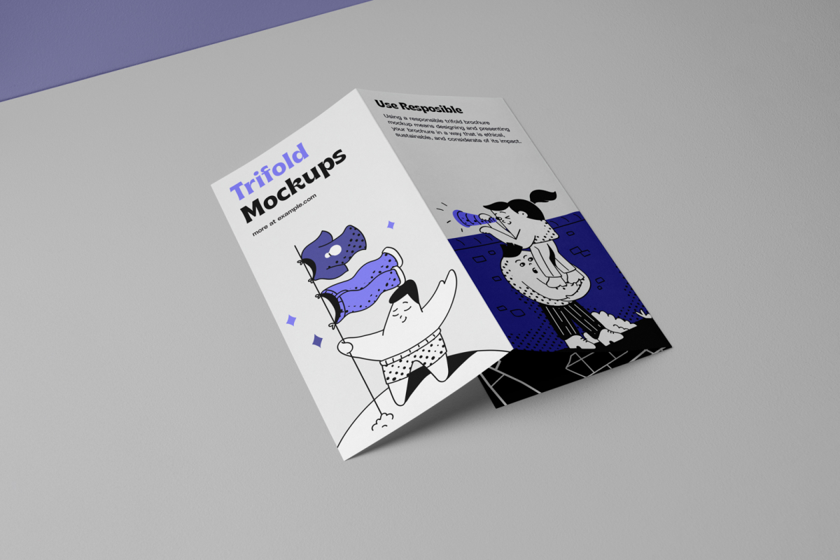 View from above, at a 45-degree angle of a Trifold Mockup laying on a white box.