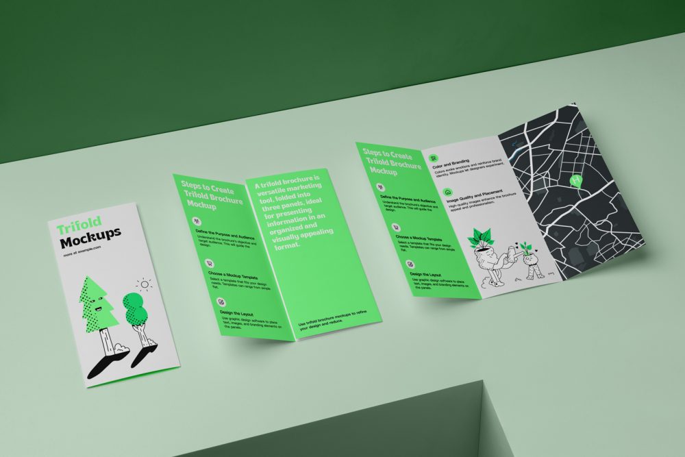 View from above, at a 45-degree angle of a three Trifold Mockups laying on a light green box. Two of them are opened and showing what is inside.