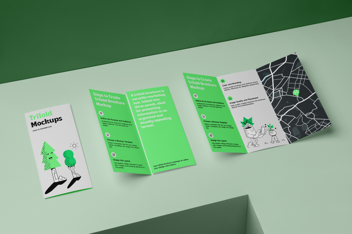 View from above, at a 45-degree angle of a three Trifold Mockups laying on a light green box. Two of them are opened and showing what is inside.