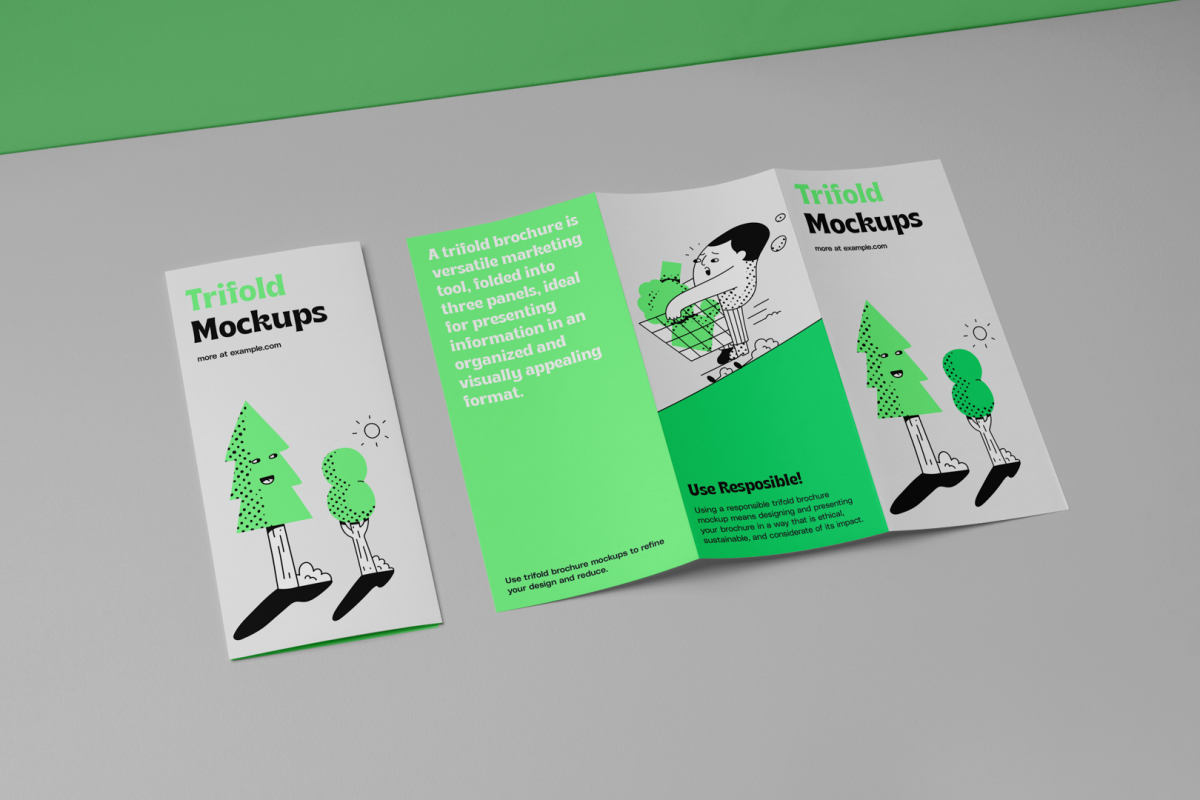 View from above, at a 45-degree angle of a two Trifold Mockups laying on a light gray box. One is close and showing green graphic illustration with typography. The second is opened and shows what is inside the brochure.