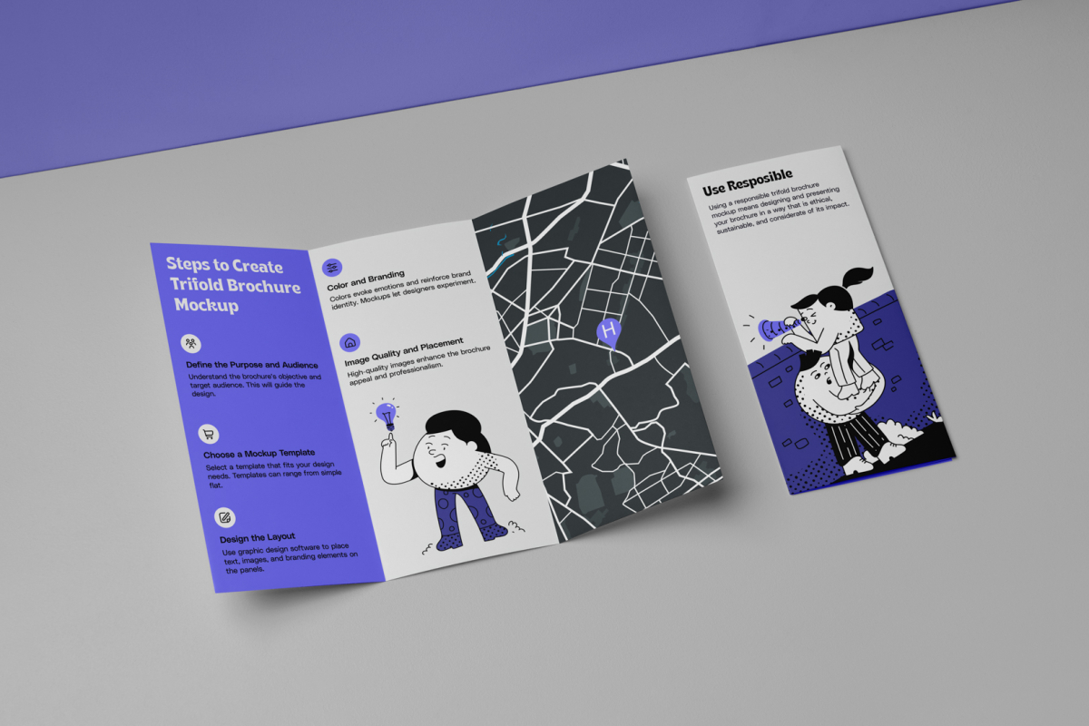 View from above, at a 45-degree angle of a two Trifold Mockups laying on a light gray box. One is close and showing purple graphic illustration with typography. The second is opened and shows what is inside the brochure.