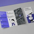 View from above, at a 45-degree angle of a two Trifold Mockups laying on a light gray box. One is close and showing purple graphic illustration with typography. The second is opened and shows what is inside the brochure.