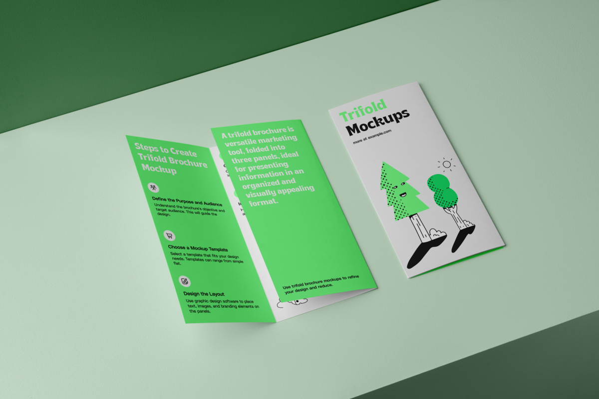 View from above, at a 45-degree angle of a two Trifold Mockups laying on a light green box. One is close and showing green graphic illustration with typography. The second is opened and shows what is inside the brochure.