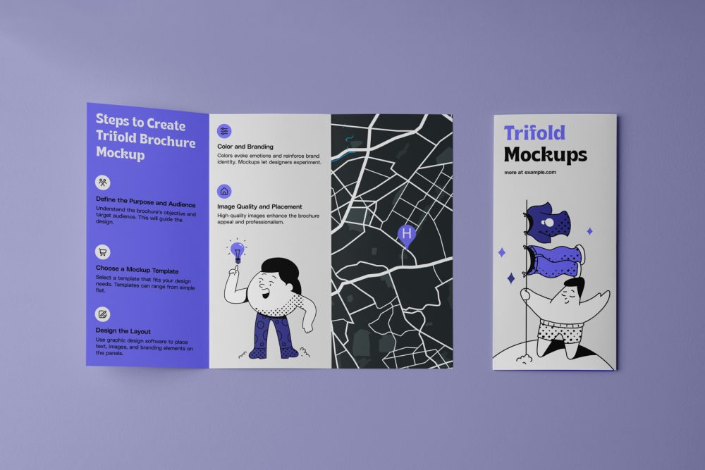 View from above, of a two Trifold Mockups laying on purple floor.