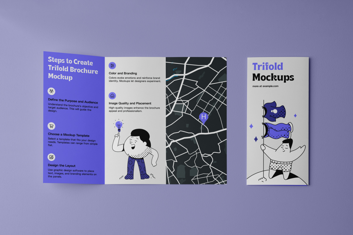 View from above, of a two Trifold Mockups laying on purple floor.