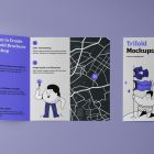 View from above, of a two Trifold Mockups laying on purple floor.