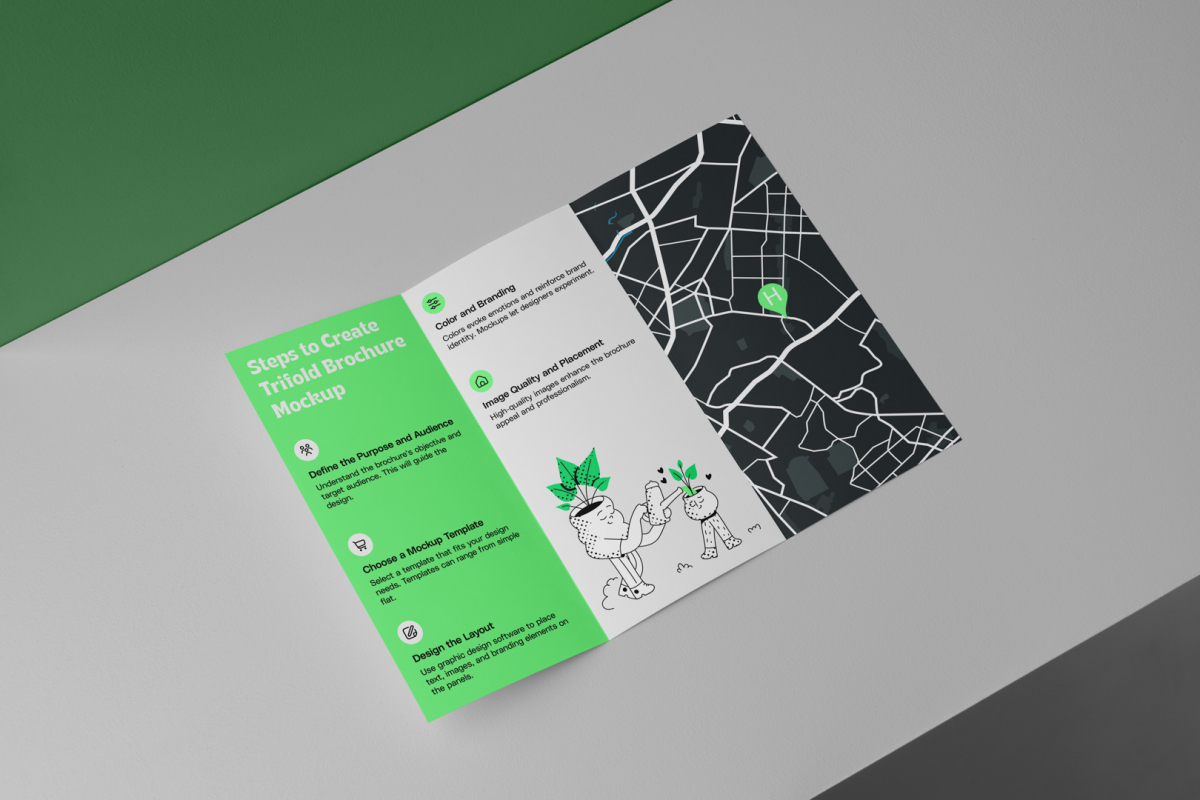 View from above, at a 45-degree angle of an open Trifold Mockup laying on a light gray box.
