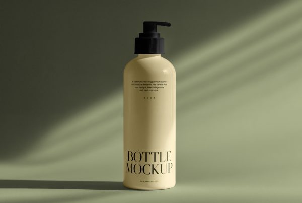 Front view, crème bottle with black dispenser mockup standing on a dark green floor.