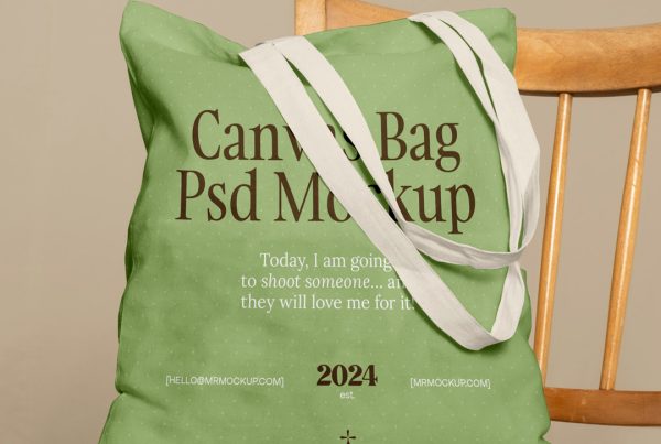 Front view, green canvas bag mockup with crème color hand located on a wooden chair standing in front of the beige color wall.