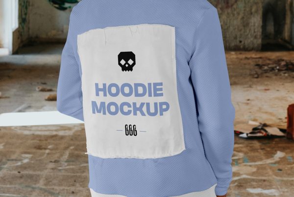 Front view, standing men backwards wearing hoodie mockup with typography design between dirty space area.