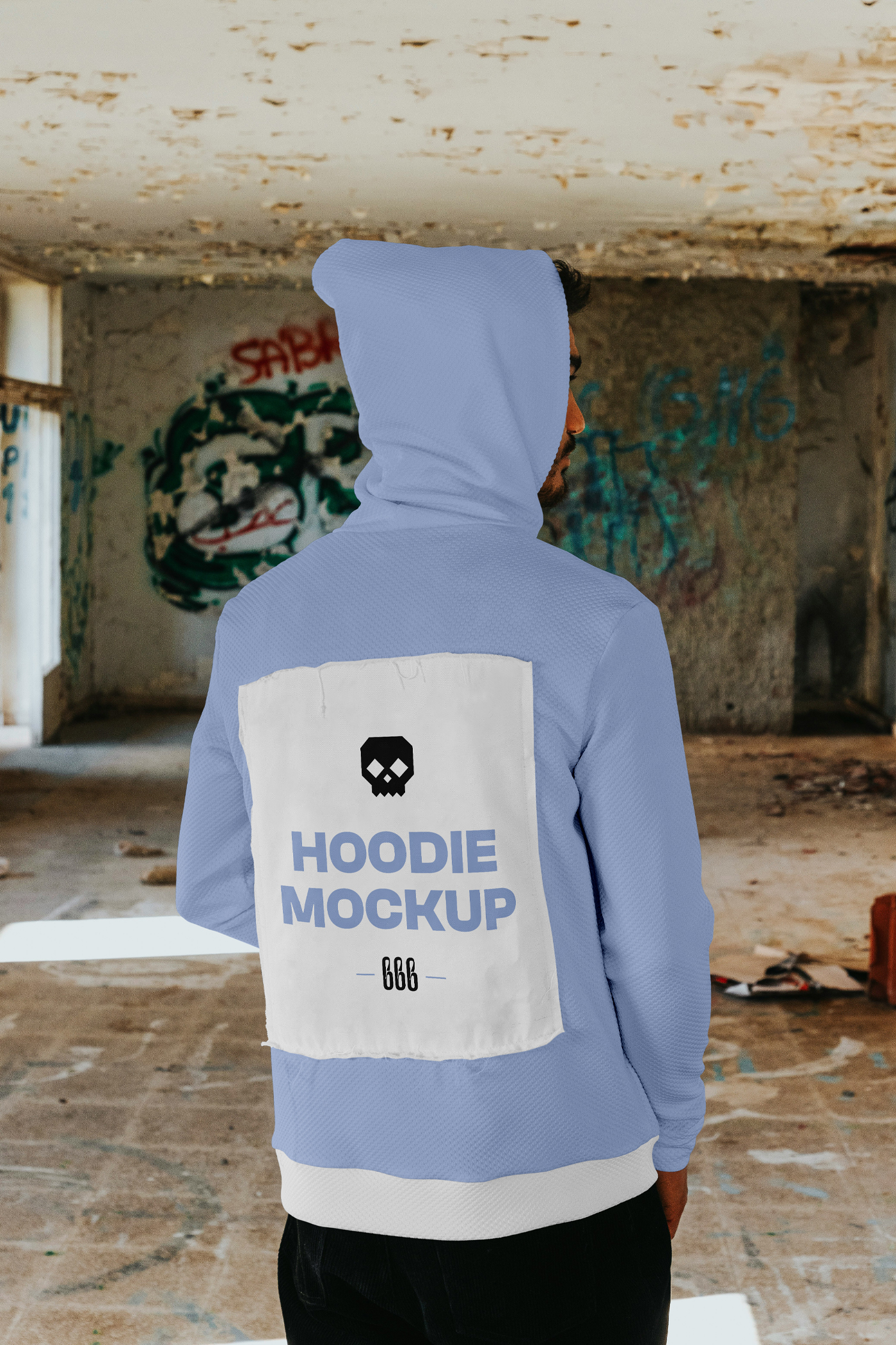 Front view, standing men backwards wearing hoodie mockup with typography design between dirty space area.