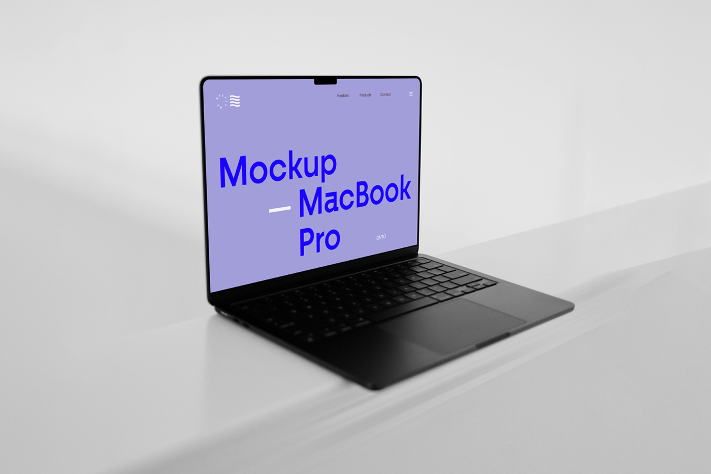 Open black MacBook Pro Mockup standing on the white floor.