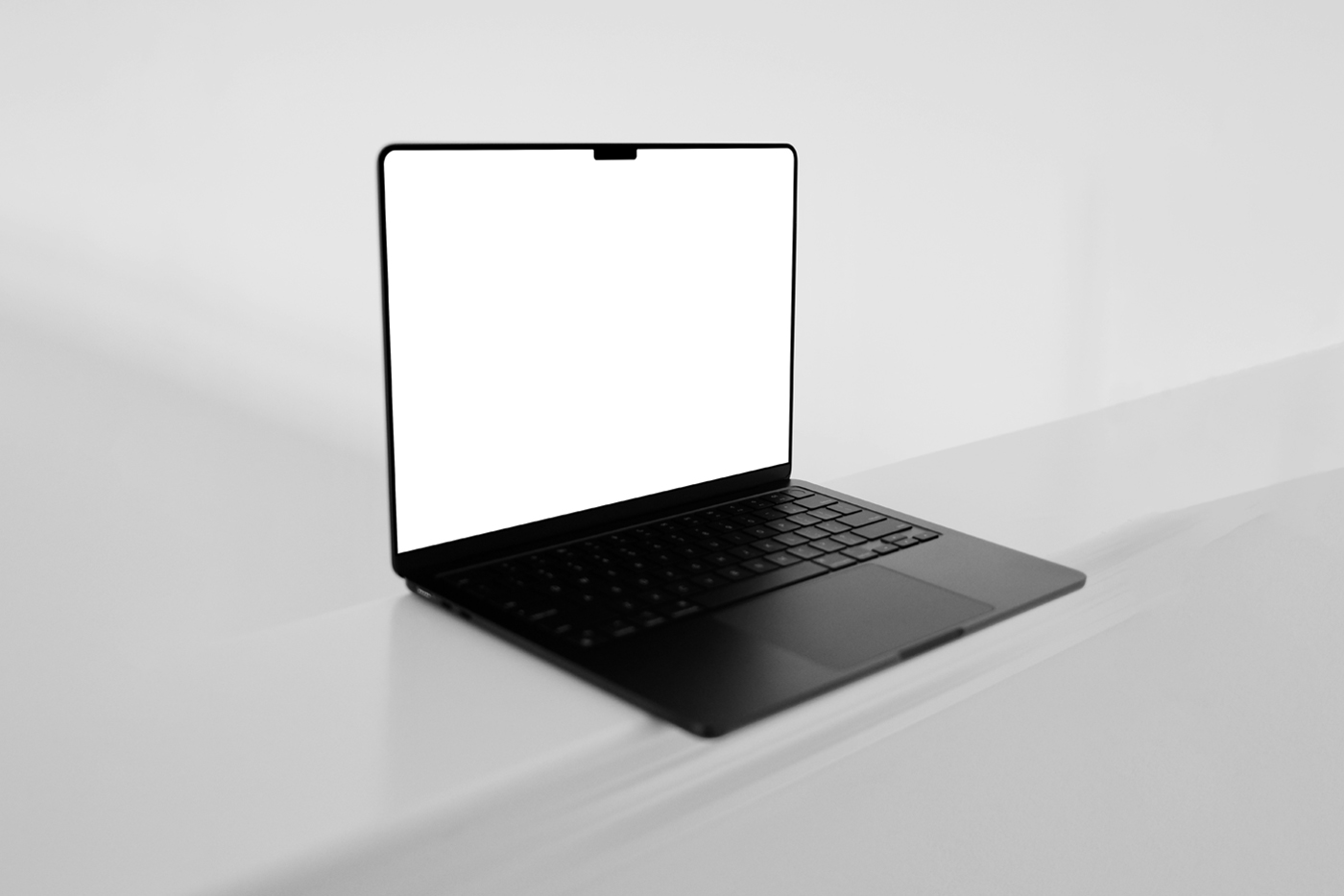 Open black MacBook Pro Mockup with white screen standing on the white floor.