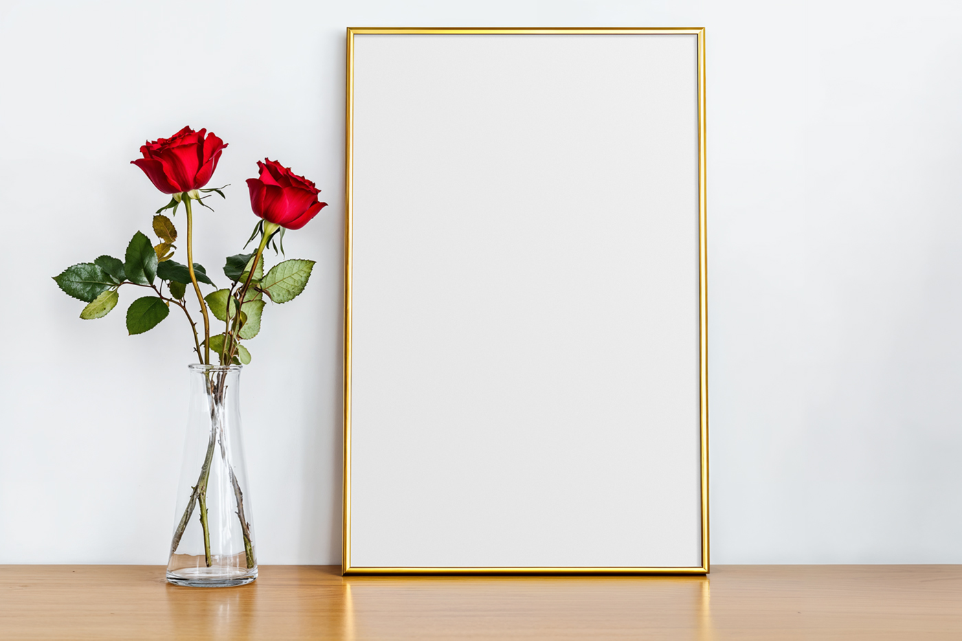 Front view, blank Valentine's Day Frame Mockup standing on the wooden floor based on white wall right next to a standing transparent glass vase on the left side.