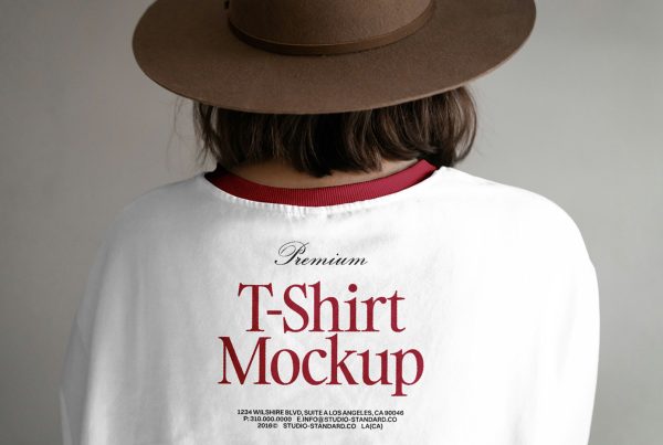 Front view, standing woman backwards wearing t-shirt mockup with typography design right in front of the gray wall.
