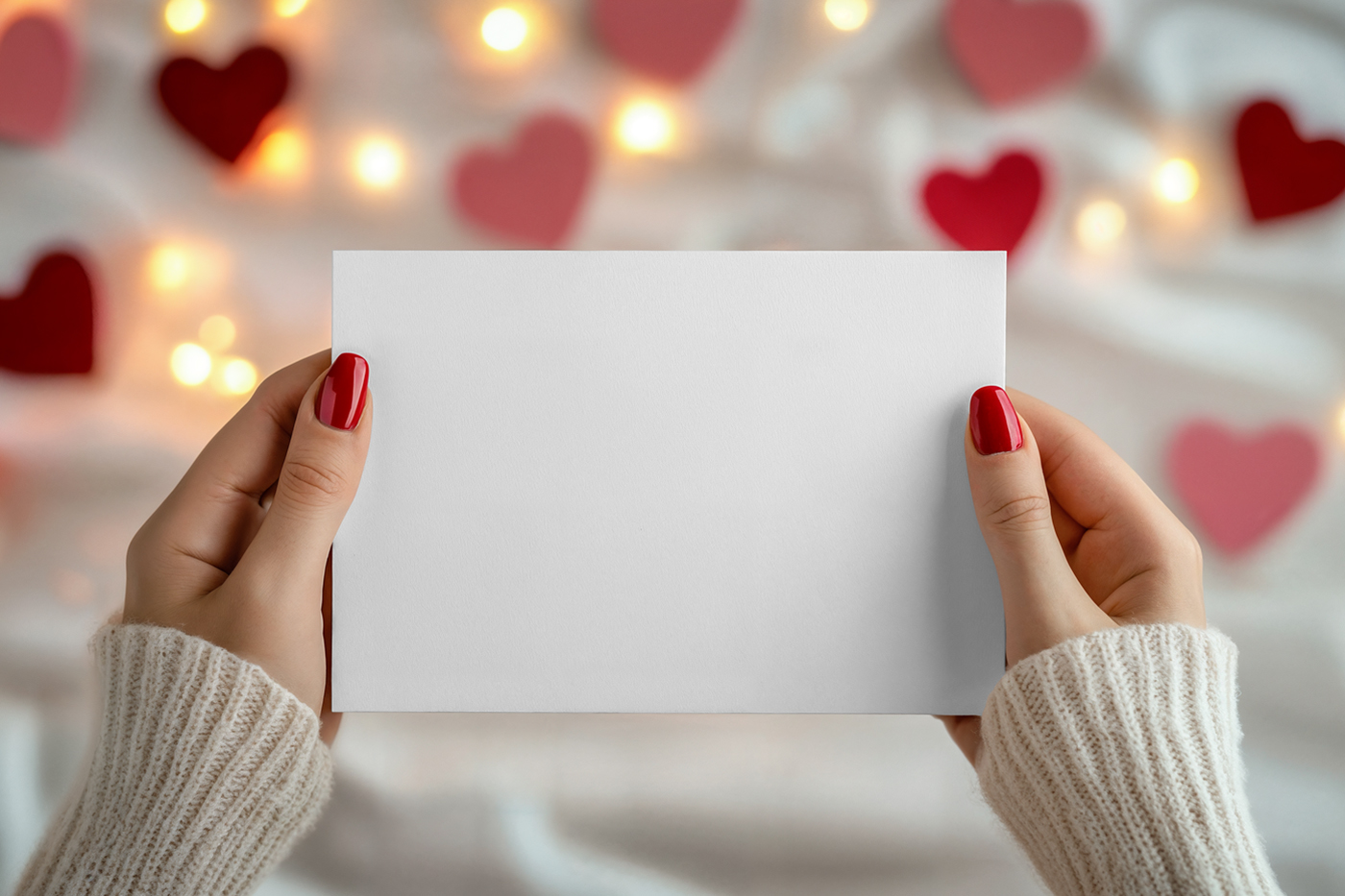 Women holding blank Valentine's Day Card Mockup right in front of the blurred background.