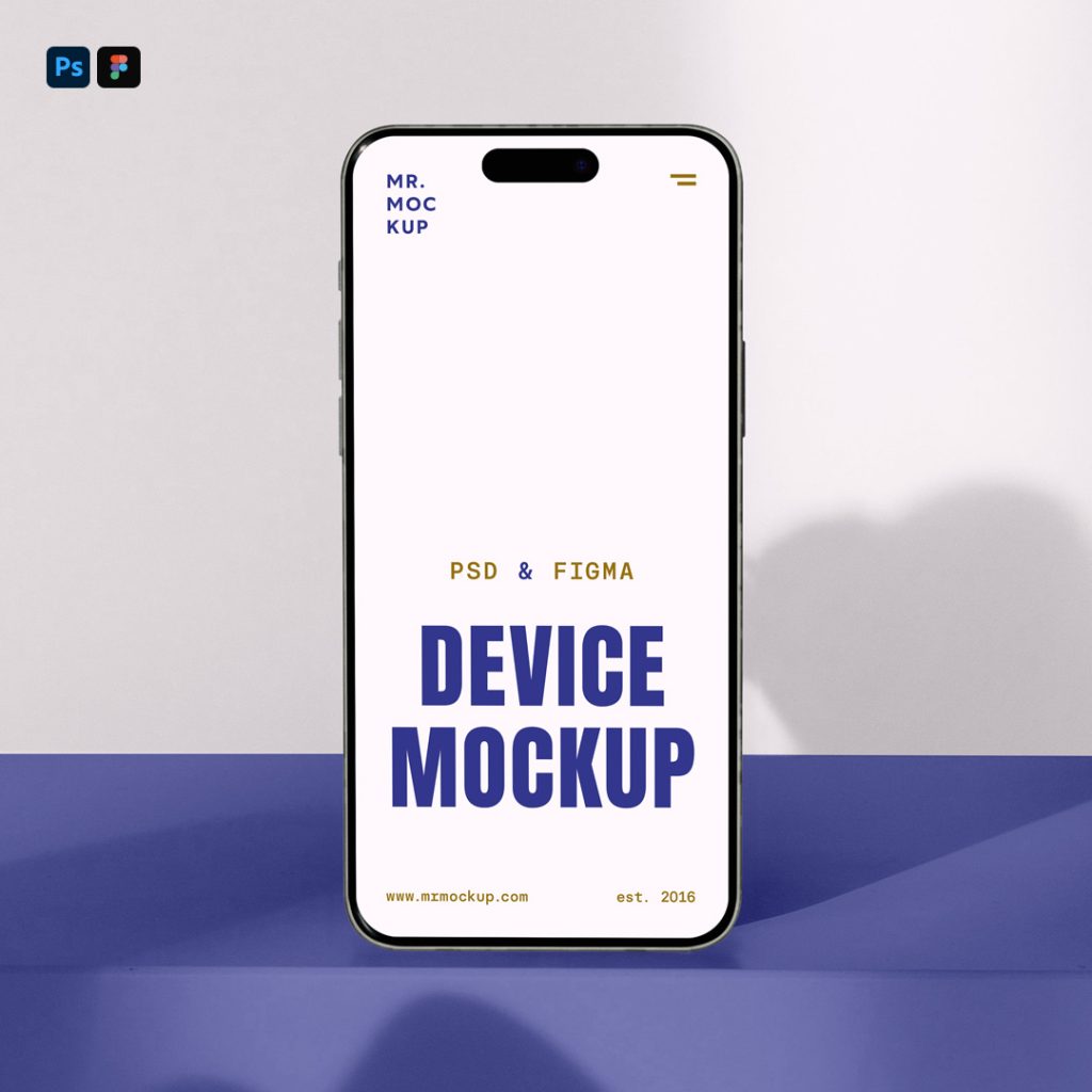 Front view, iPhone 16 Pro Mockup standing on a blue box right in front of the bright pink wall.
