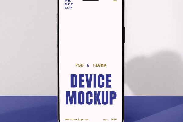 Front view, iPhone 16 Pro Mockup standing on a blue box right in front of the bright pink wall.