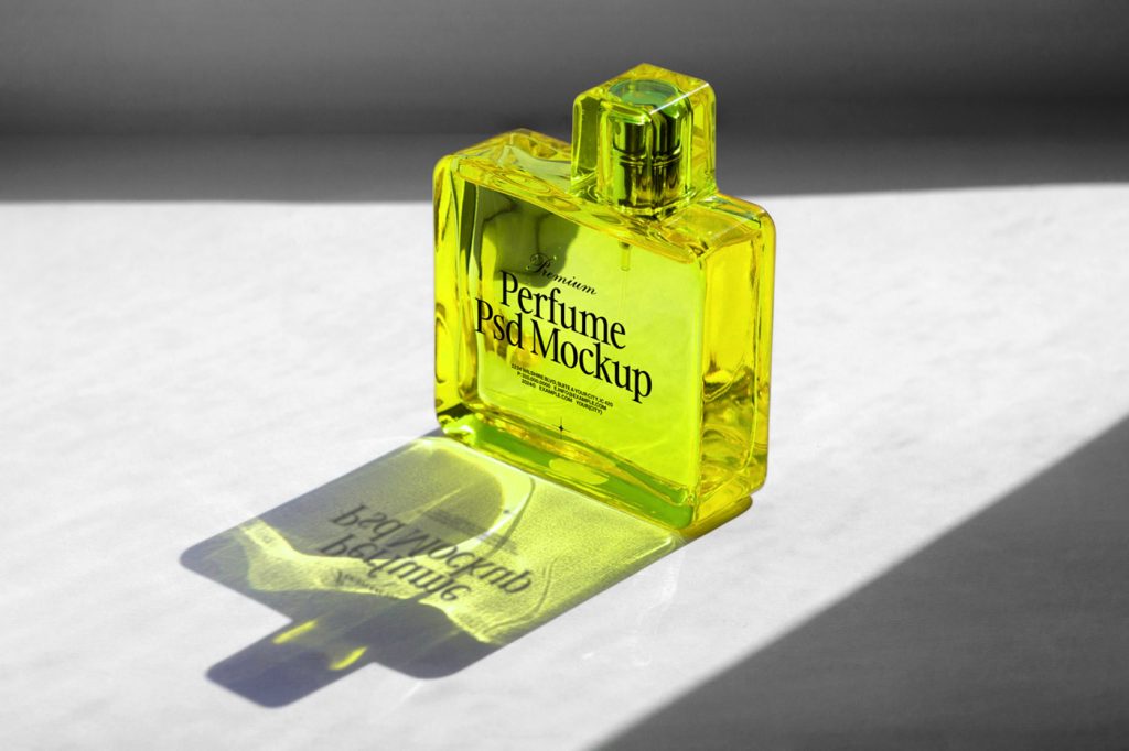 Front view of transparent glass bottle mockup with black typography standing on marble floor.