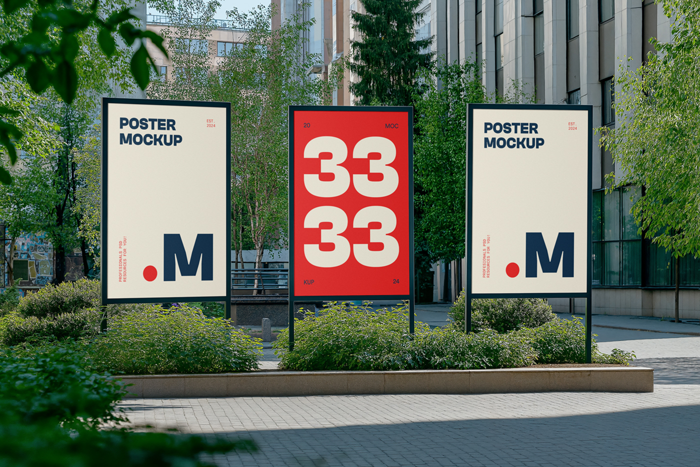 Front view, three vertical poster mockups with colorful design standing between buildings.