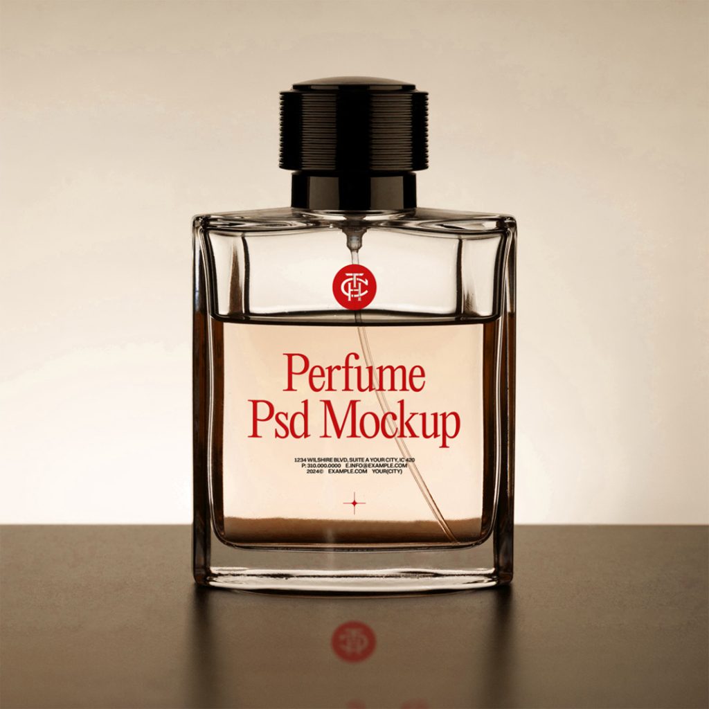 Front view standing transparent perfume bottle mockup with visible reflection on the floor.