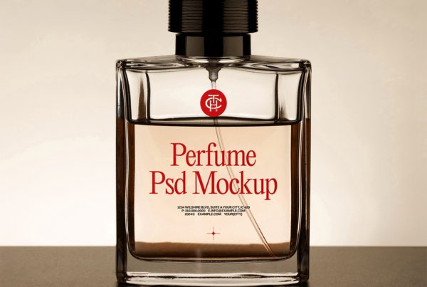 Front view standing transparent perfume bottle mockup with visible reflection on the floor.