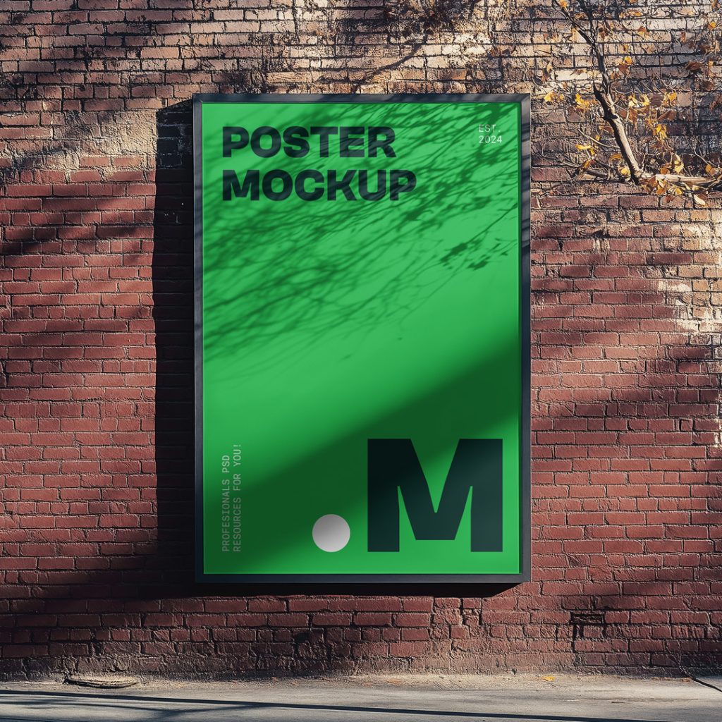 Poster mockup attached to a wall of red brick right next to the sidewalk.