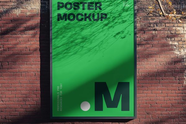 Poster mockup attached to a wall of red brick right next to the sidewalk.