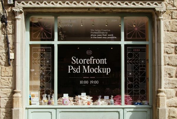 Front view vintage wood storefront mockup with colorful graphics and white strong typography.