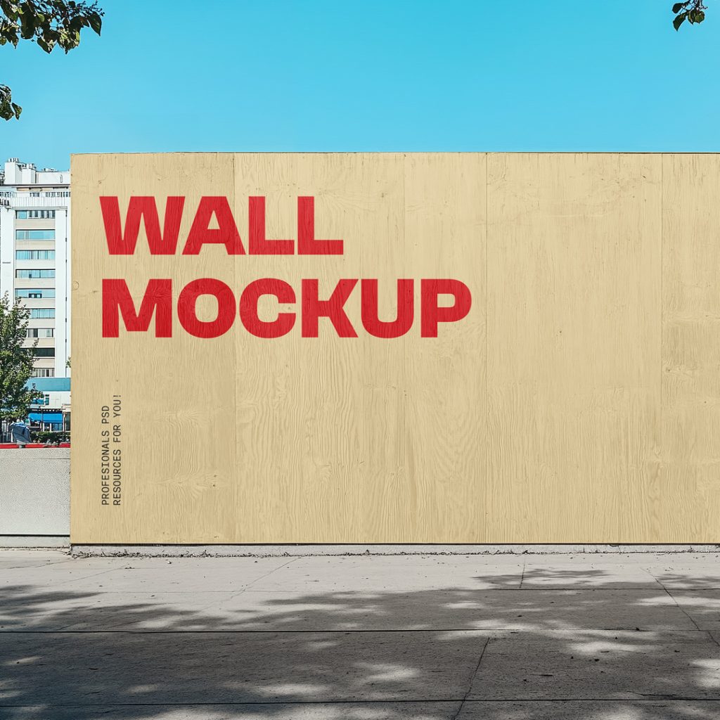 Front view of wooden wall mockup with typography design with a visible sky behind.