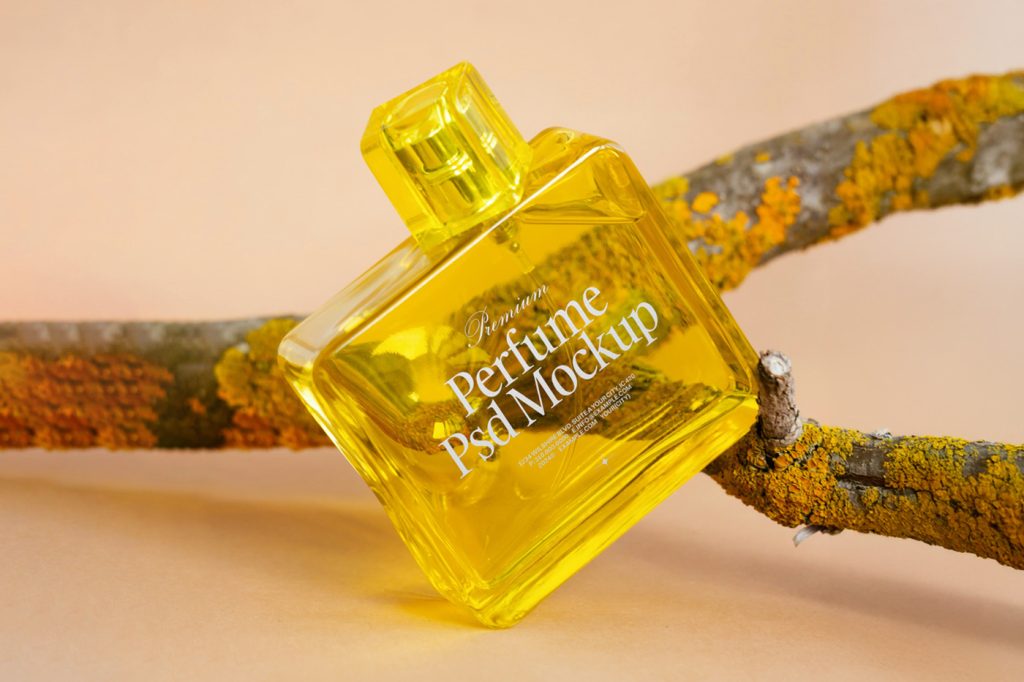 Front view of transparent glass bottle mockup with white typography design based on branch.
