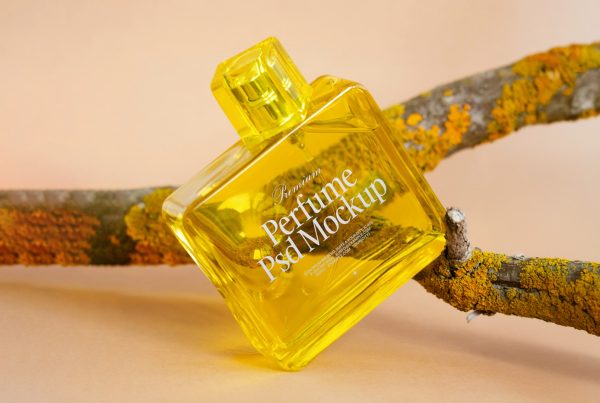 Front view of transparent glass bottle mockup with white typography design based on branch.
