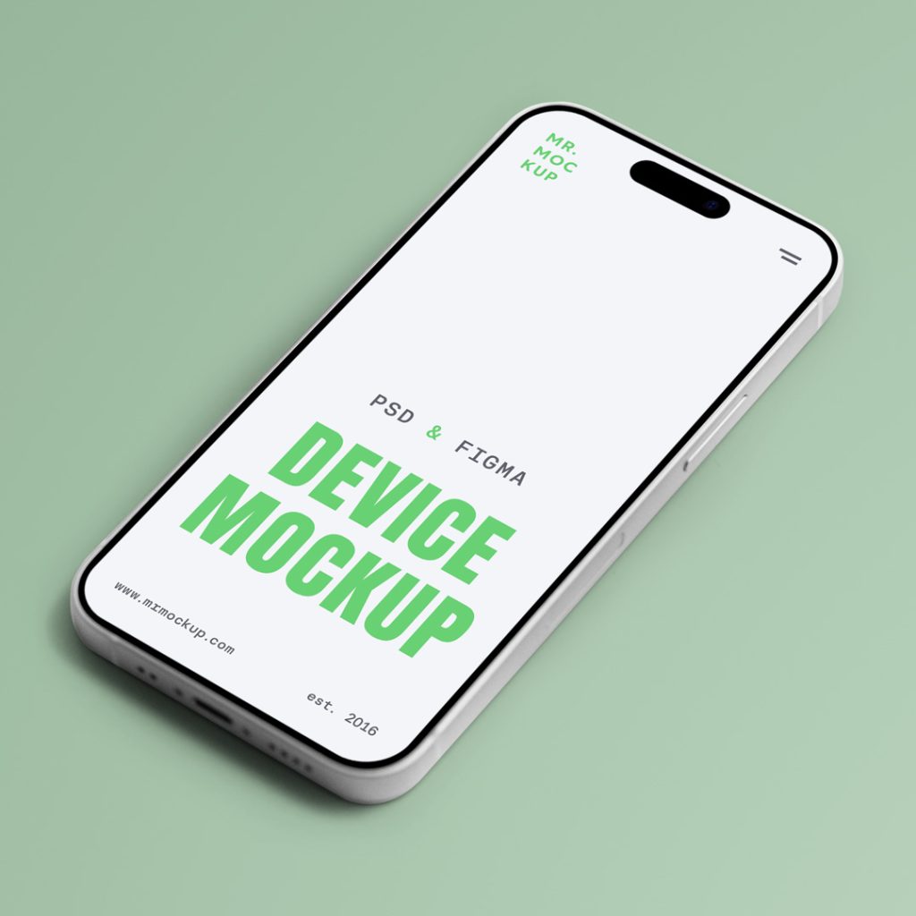 View from above, iPhone 16 Pro Mockup laying on green color background.