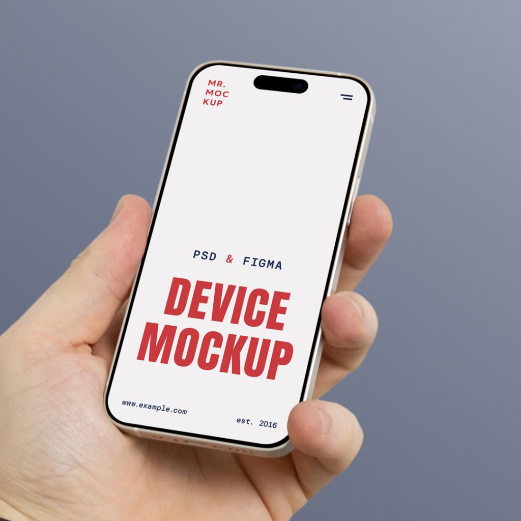 Hand holding iPhone 16 Pro Mockup in front of the bright navy color wall.