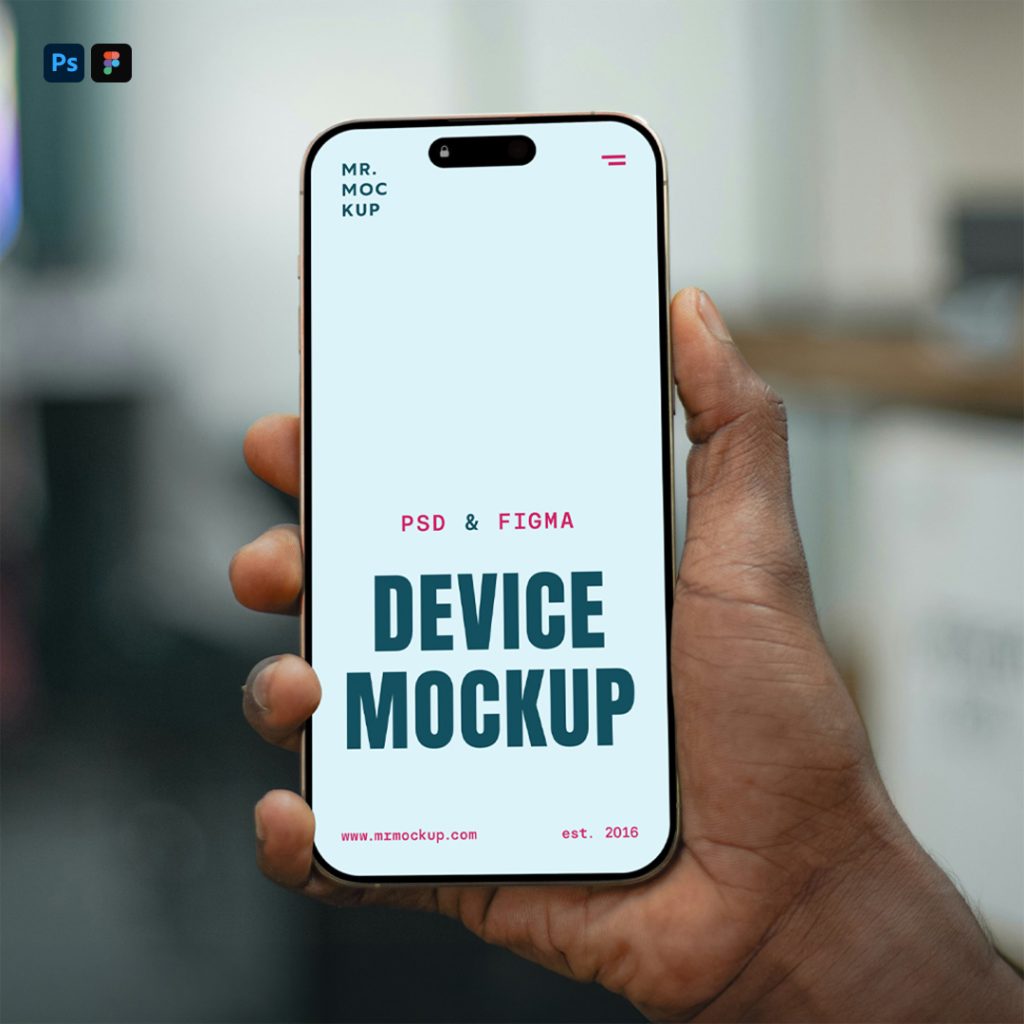 Hand holding iPhone 16 Pro Mockup in front of the strong blurred office.