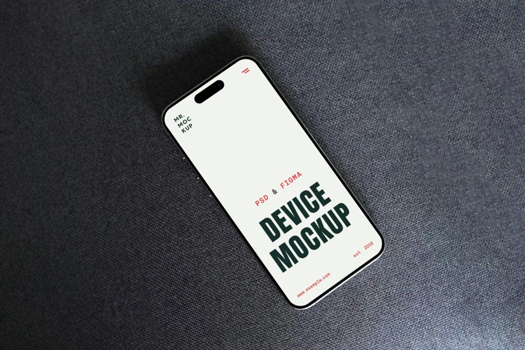 View from above, iPhone 16 pro mockup laying on the sofa.