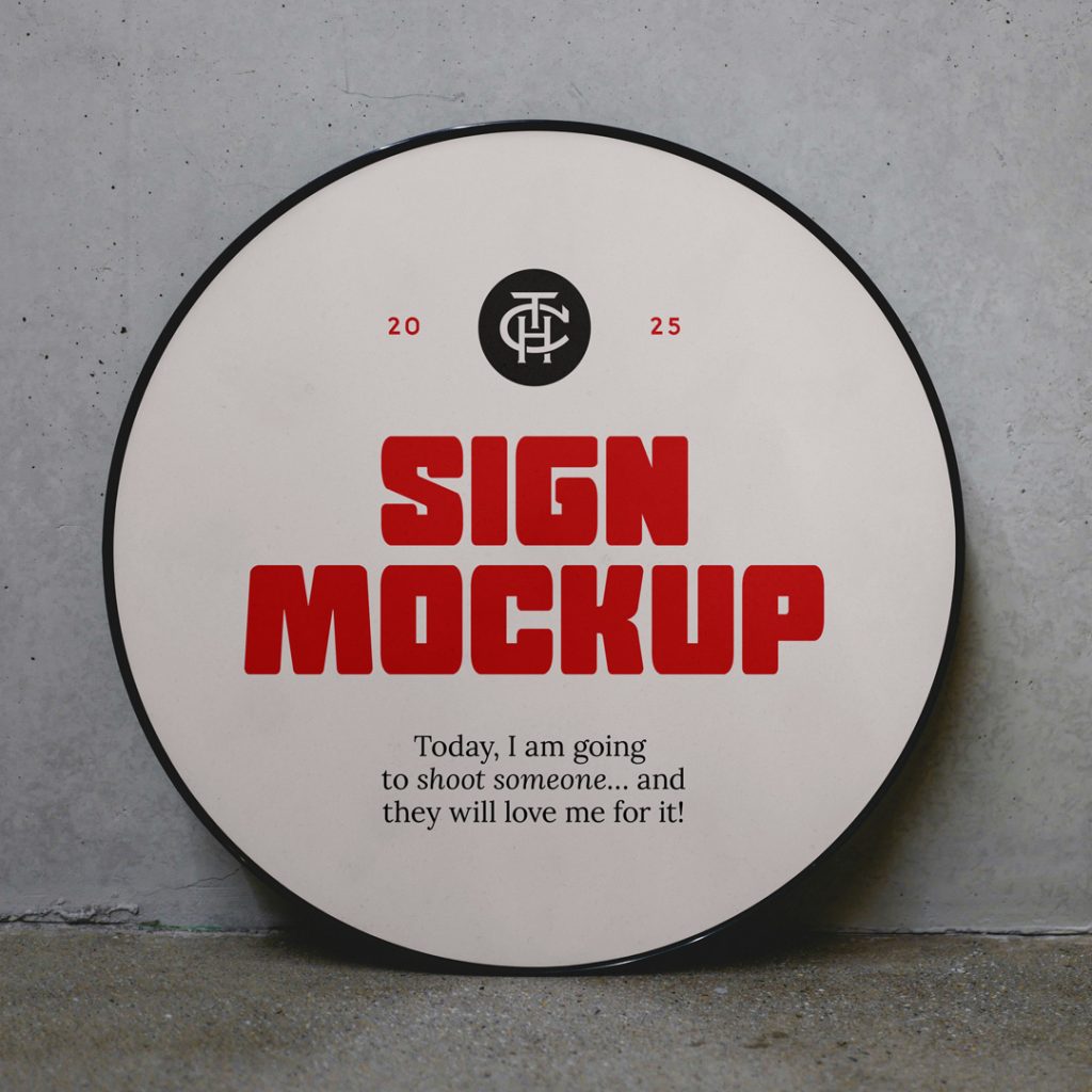 Front view, circle sign mockup with black frame based on a concrete wall with nice strong black and red typography design.