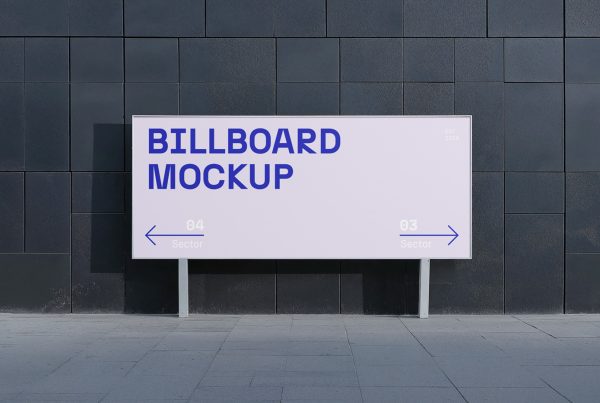 Front view, horizontal city billboard mockup with purple, white design and silver frames attached to the sidewalk.