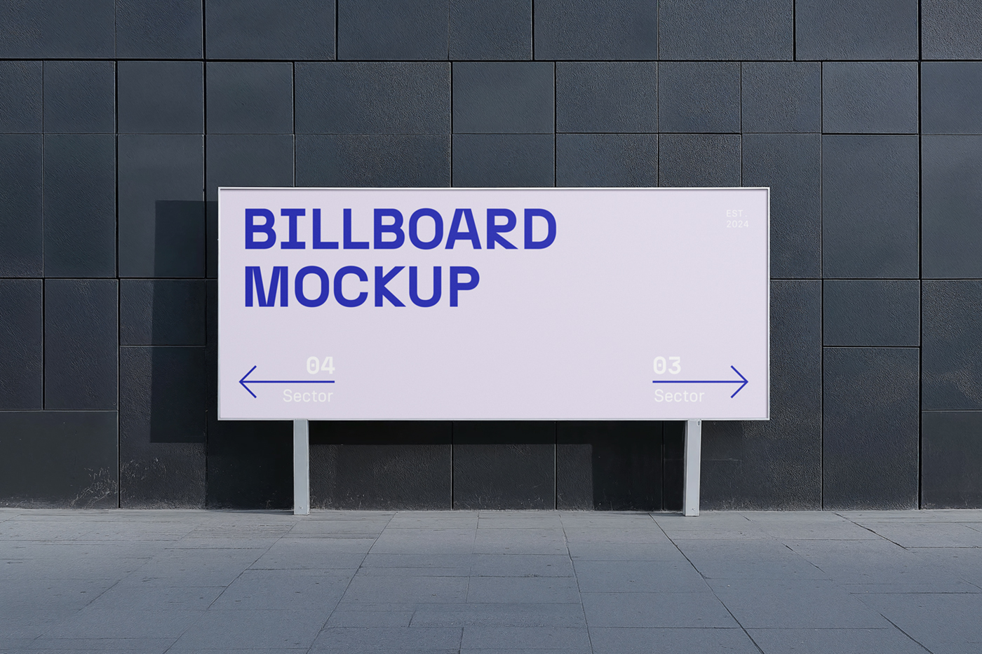 Front view, horizontal city billboard mockup with purple, white design and silver frames attached to the sidewalk.