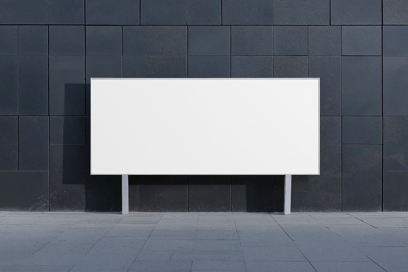 Front view, blank horizontal city billboard mockup with silver frames attached to the sidewalk.