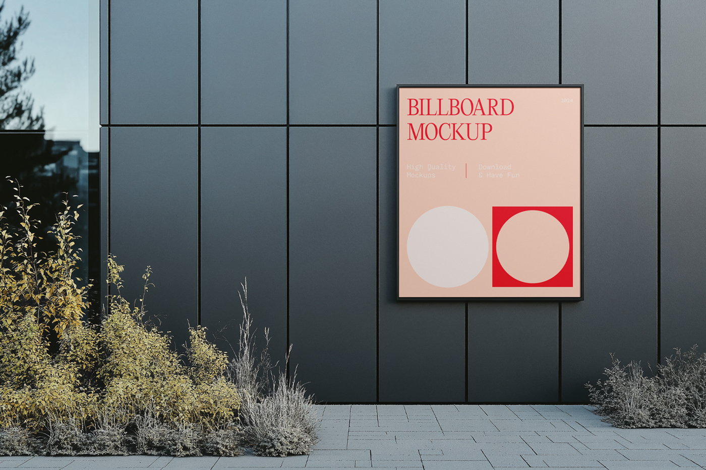 Front view, rectangle city billboard mockup with typography design and black frame attached to the building facade.